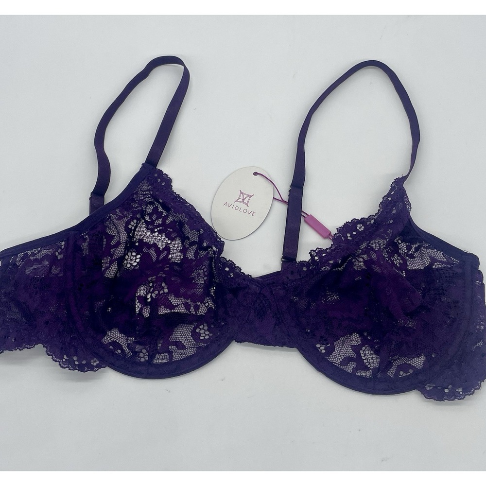 Avidlove Purple Sheer Lace Unlined Push Up Balconette Bra Women's Sz M Lingerie